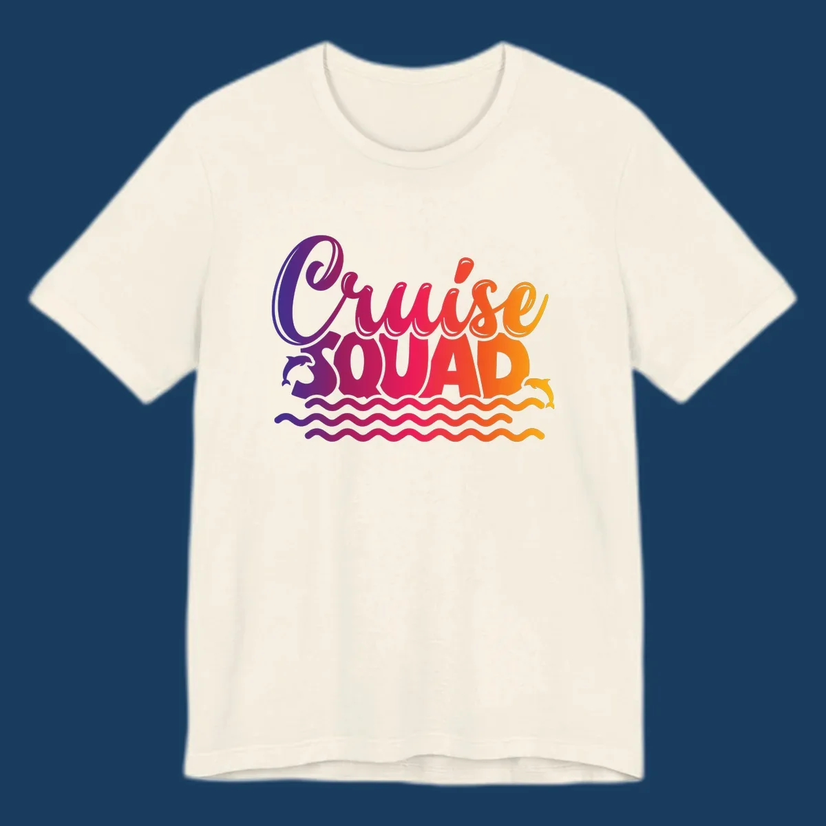 Cruise Squad text with dolphins and ocean waves graphic for group cruise shirts.