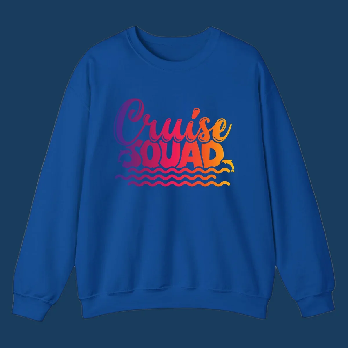 Cruise Squad text with dolphins and ocean waves graphic for group cruise shirts.
