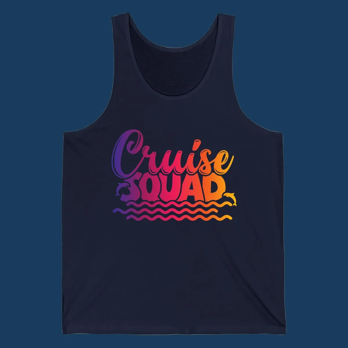Cruise Squad text with dolphins and ocean waves graphic for group cruise shirts.