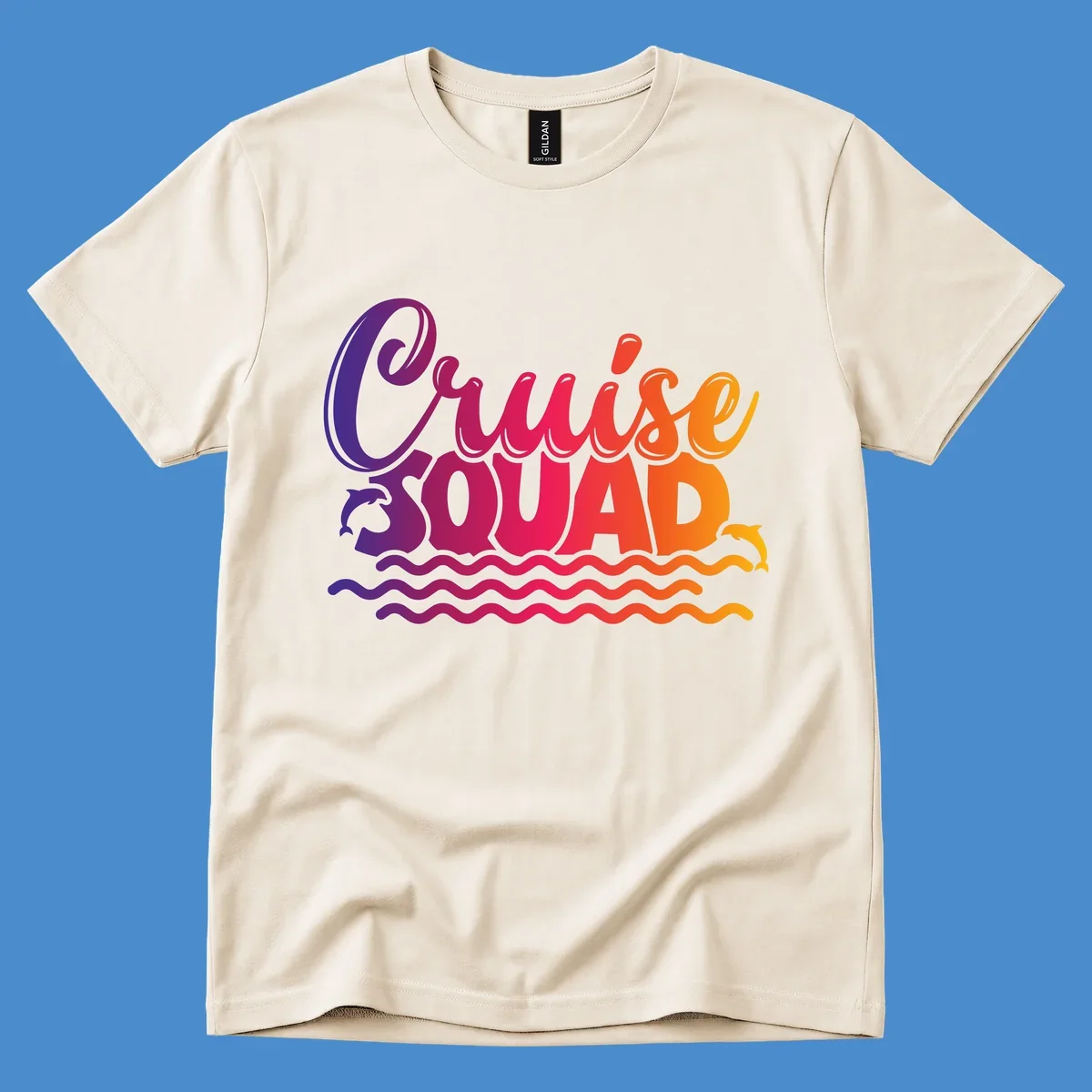 Cruise Squad text with dolphins and ocean waves graphic for group cruise shirts.