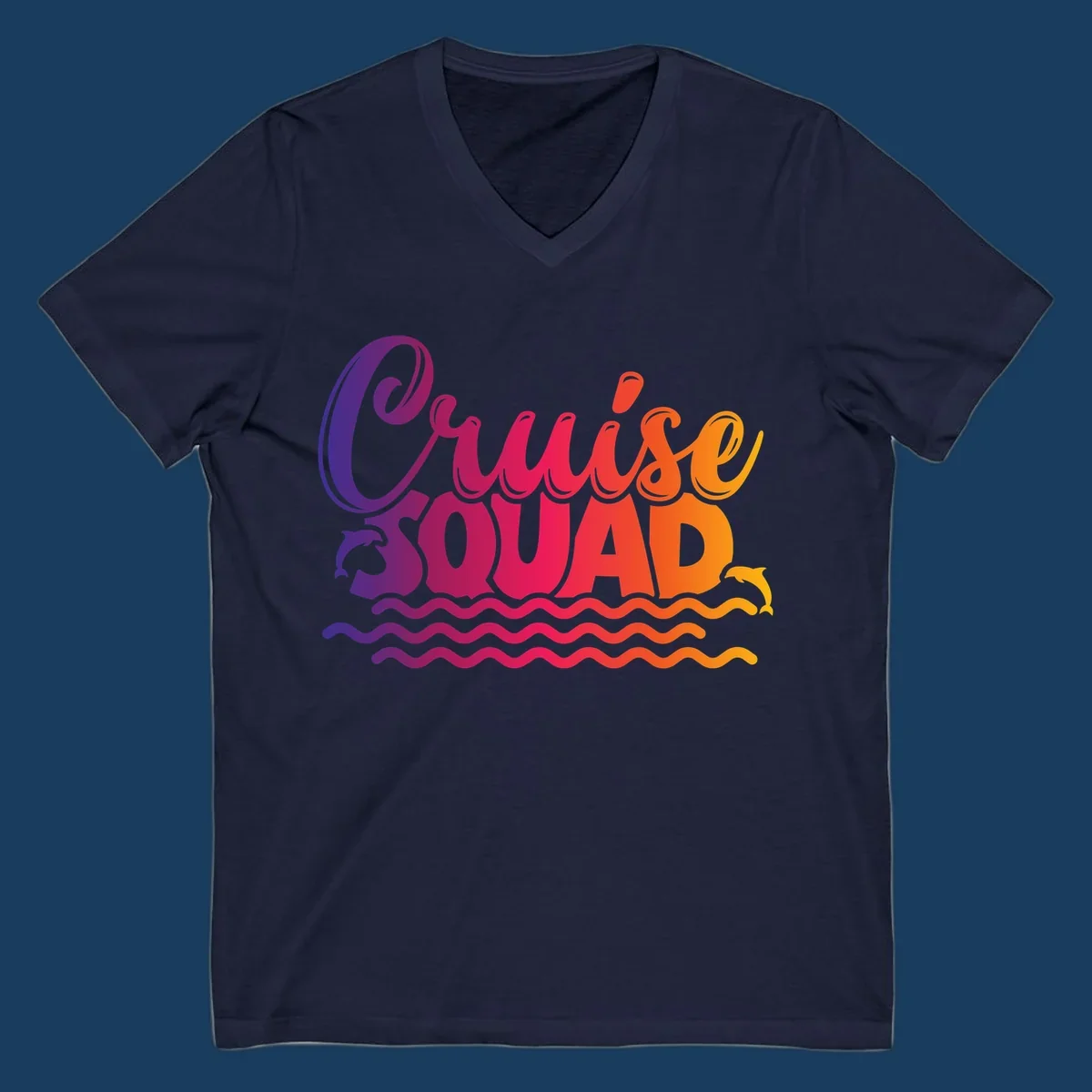 Cruise Squad text with dolphins and ocean waves graphic for group cruise shirts.