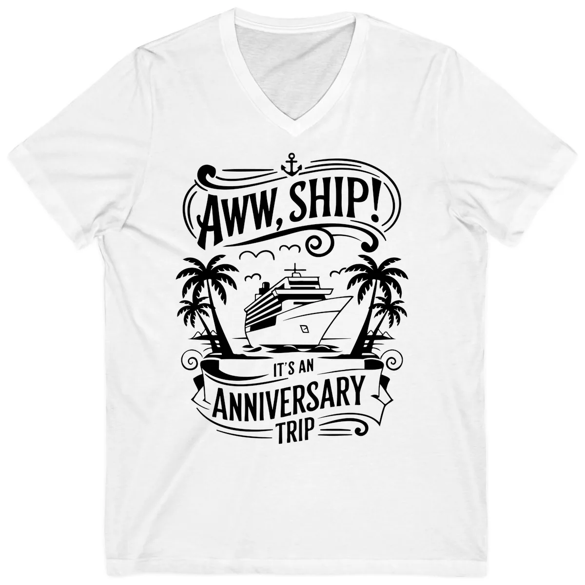 Aww, Ship! Anniversary Trip Design V-Neck in White