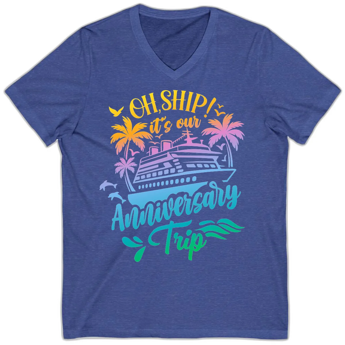 Oh Ship It's Our Anniversary Trip V-Neck in Heather True Royal