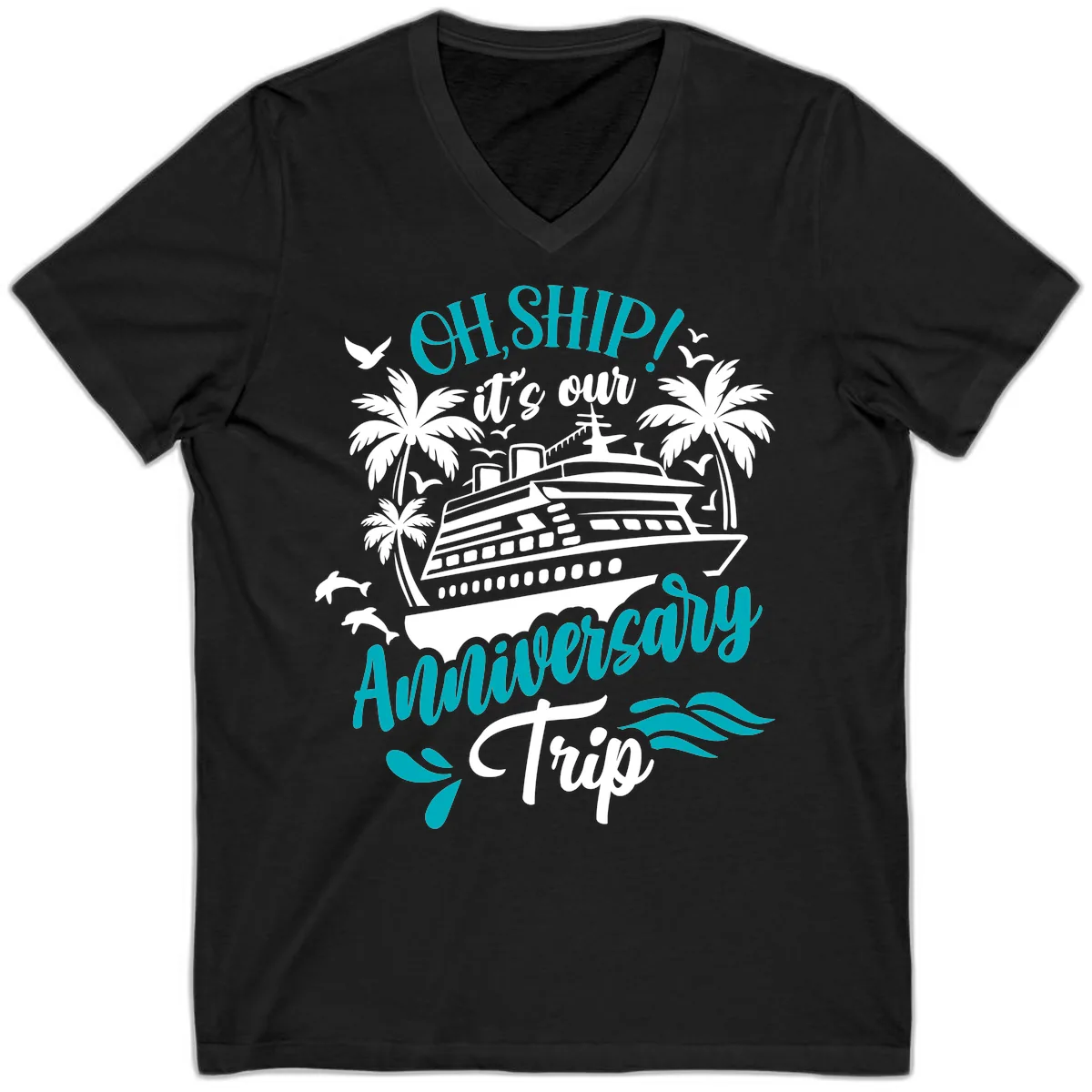 Oh Ship It's Our Anniversary Trip V-Neck in Black