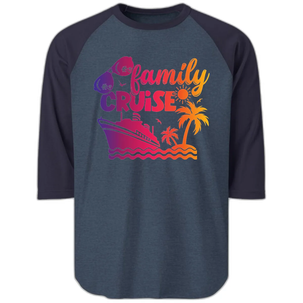 Family Cruise Tropical Getaway Raglan 3/4 in Heather Denim Navy