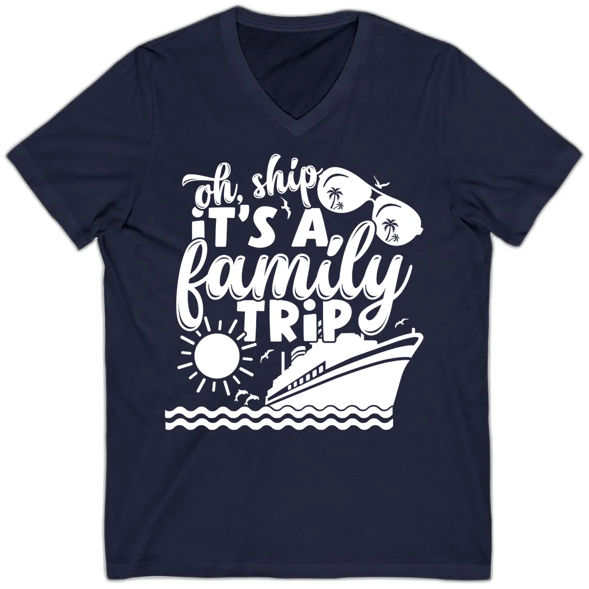 Oh Ship It's A Family Trip Design V-Neck in Navy