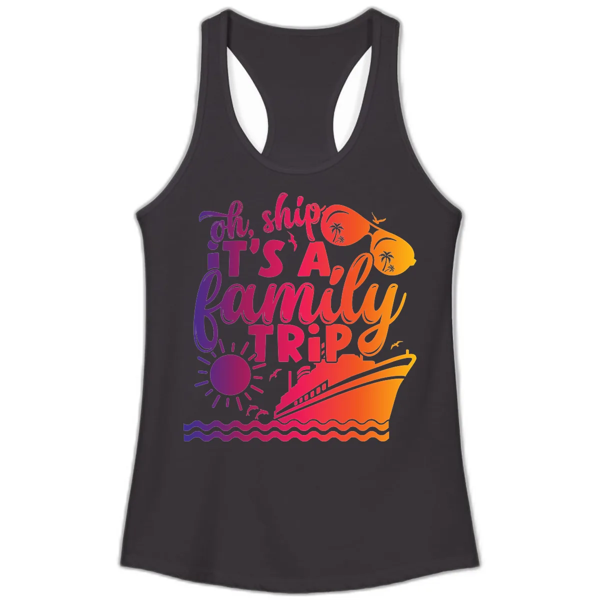 Oh Ship It's A Family Trip Design Ladies Tank in Black
