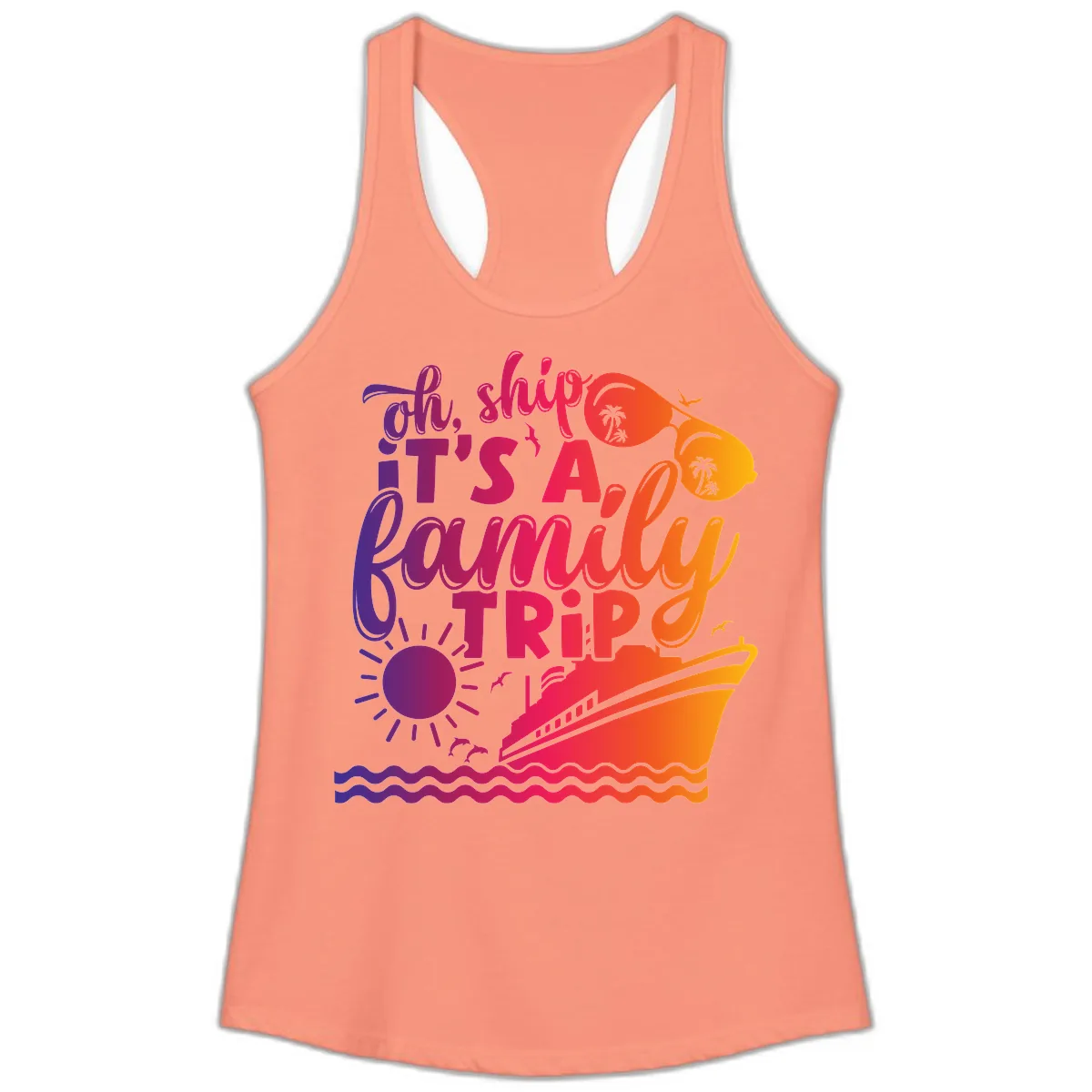 Oh Ship It's A Family Trip Design Ladies Tank in Solid Light Orange