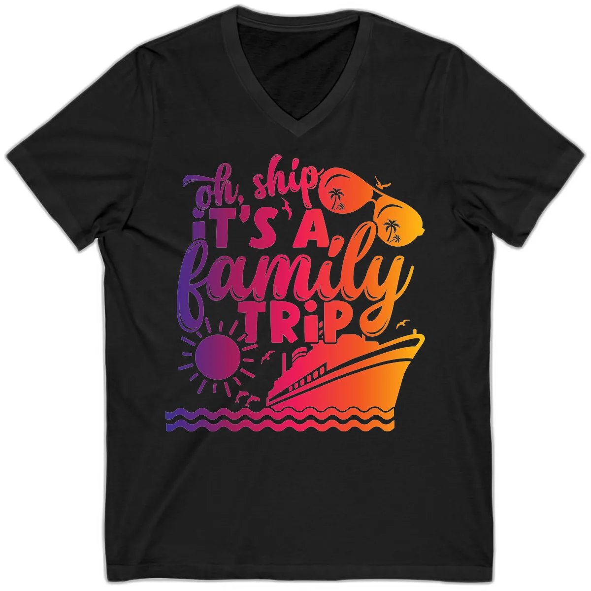 Oh Ship It's A Family Trip Design V-Neck in Black