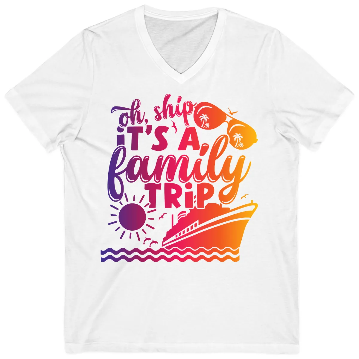 Oh Ship It's A Family Trip Design V-Neck in White