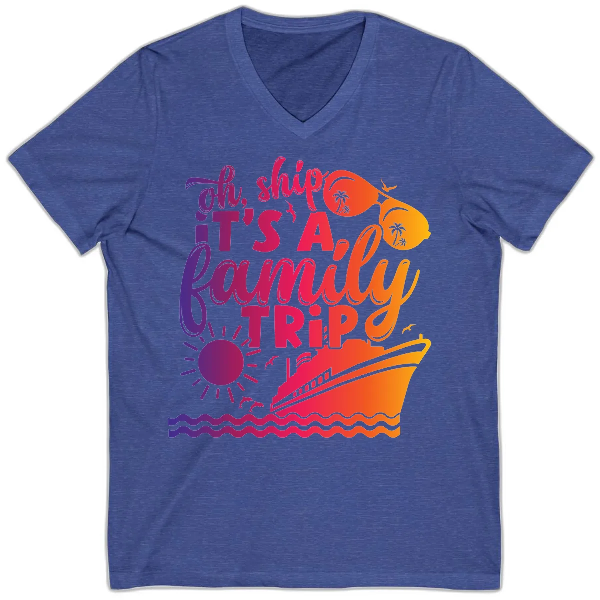 Oh Ship It's A Family Trip Design V-Neck in Heather True Royal