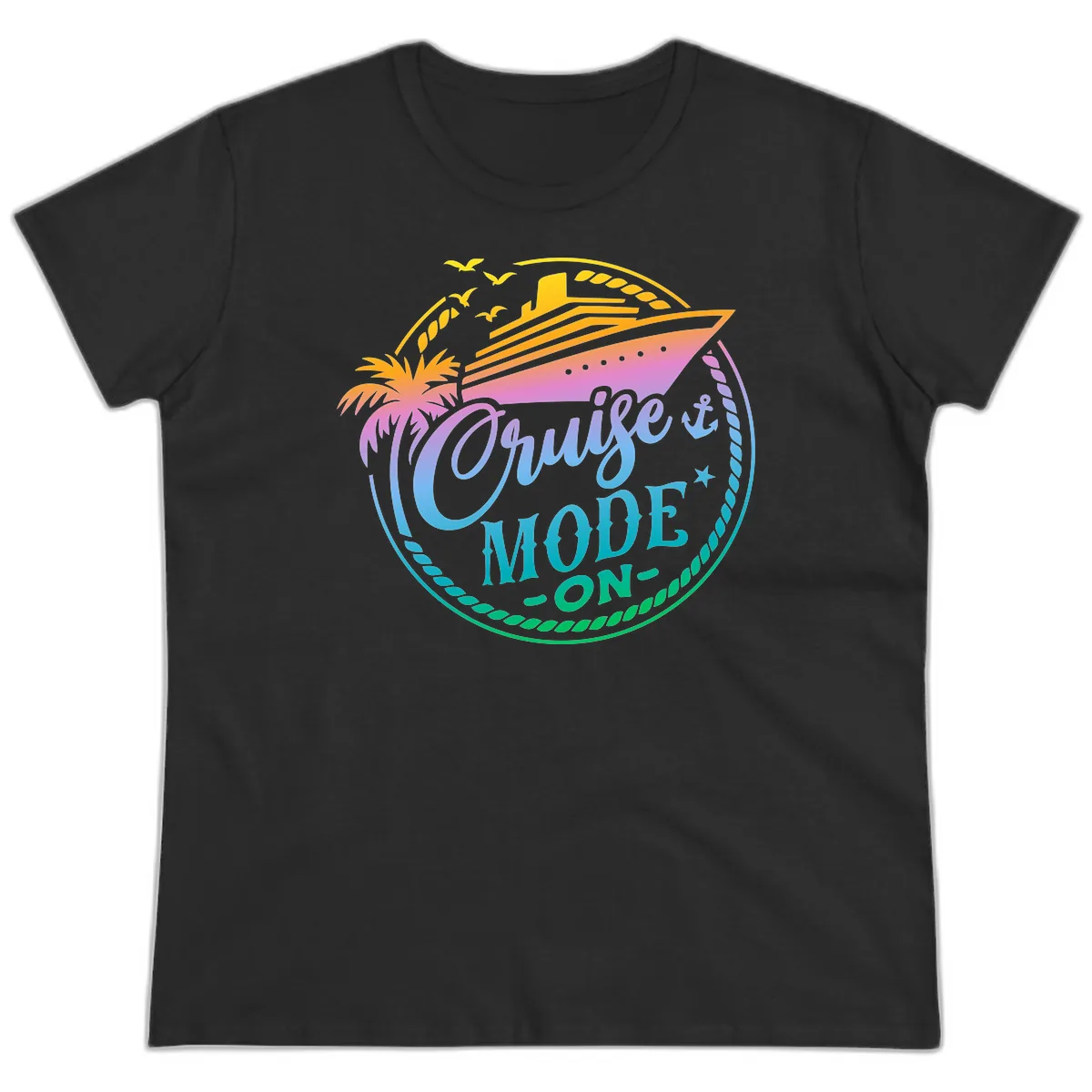 Cruise Mode On Tropical Graphic Ladies Tee in Black