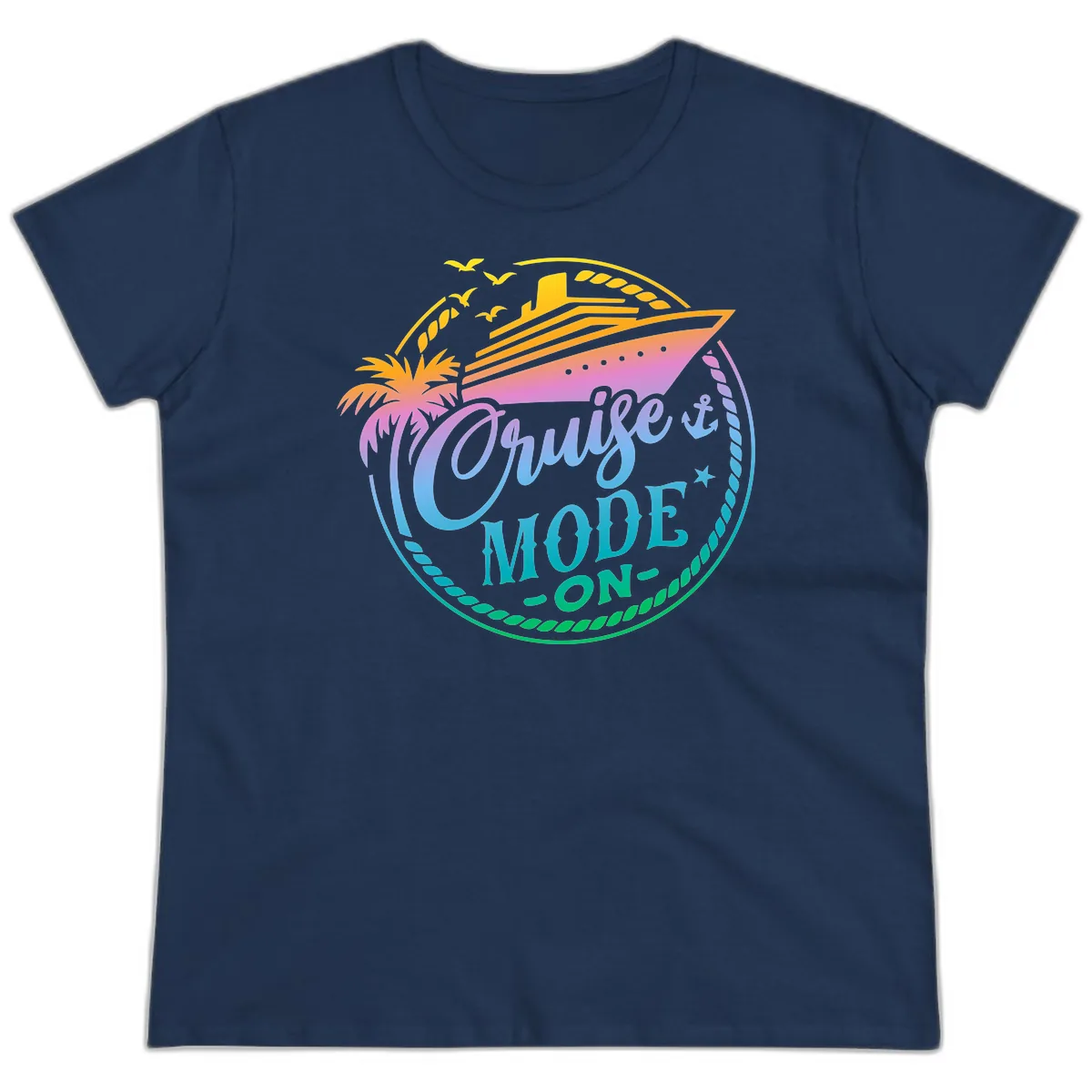 Cruise Mode On Tropical Graphic Ladies Tee in Navy
