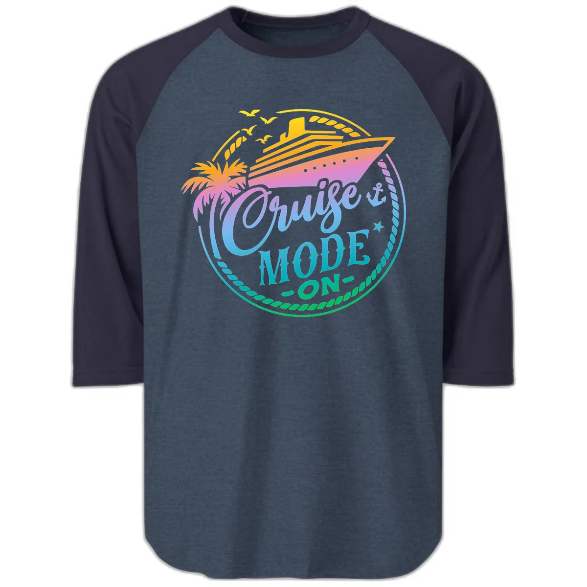 Cruise Mode On Tropical Graphic Raglan 3/4 in Heather Denim Navy