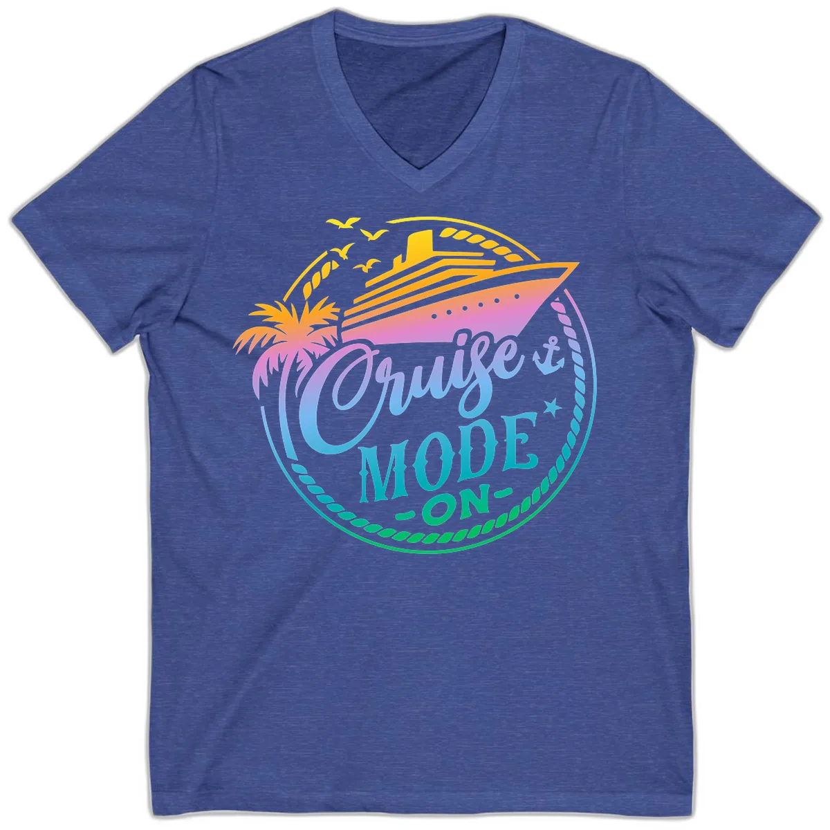 Cruise Mode On Tropical Graphic V-Neck in Heather True Royal