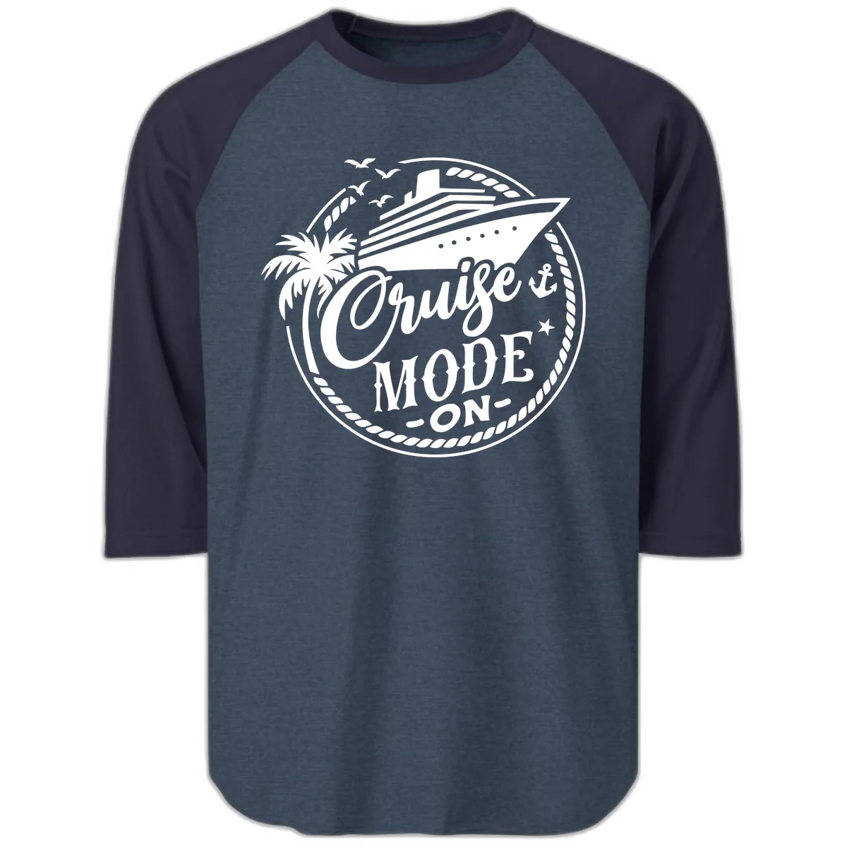 Cruise Mode On Graphic Tee Design Raglan 3/4 in Heather Denim Navy