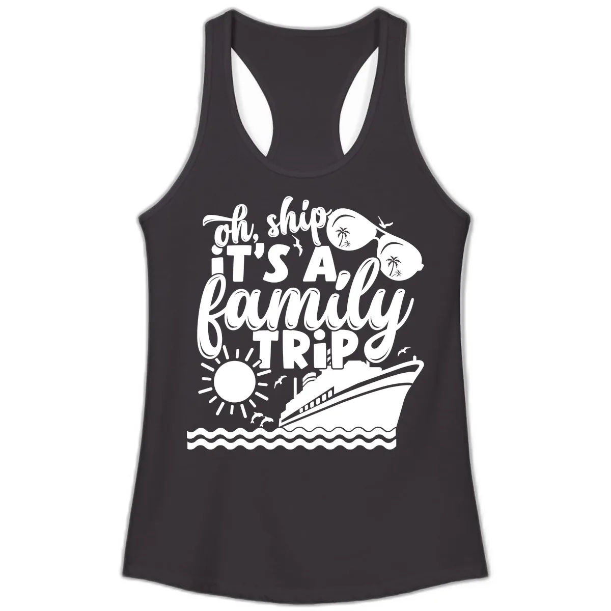 Oh Ship It's A Family Trip Design Ladies Tank in Black