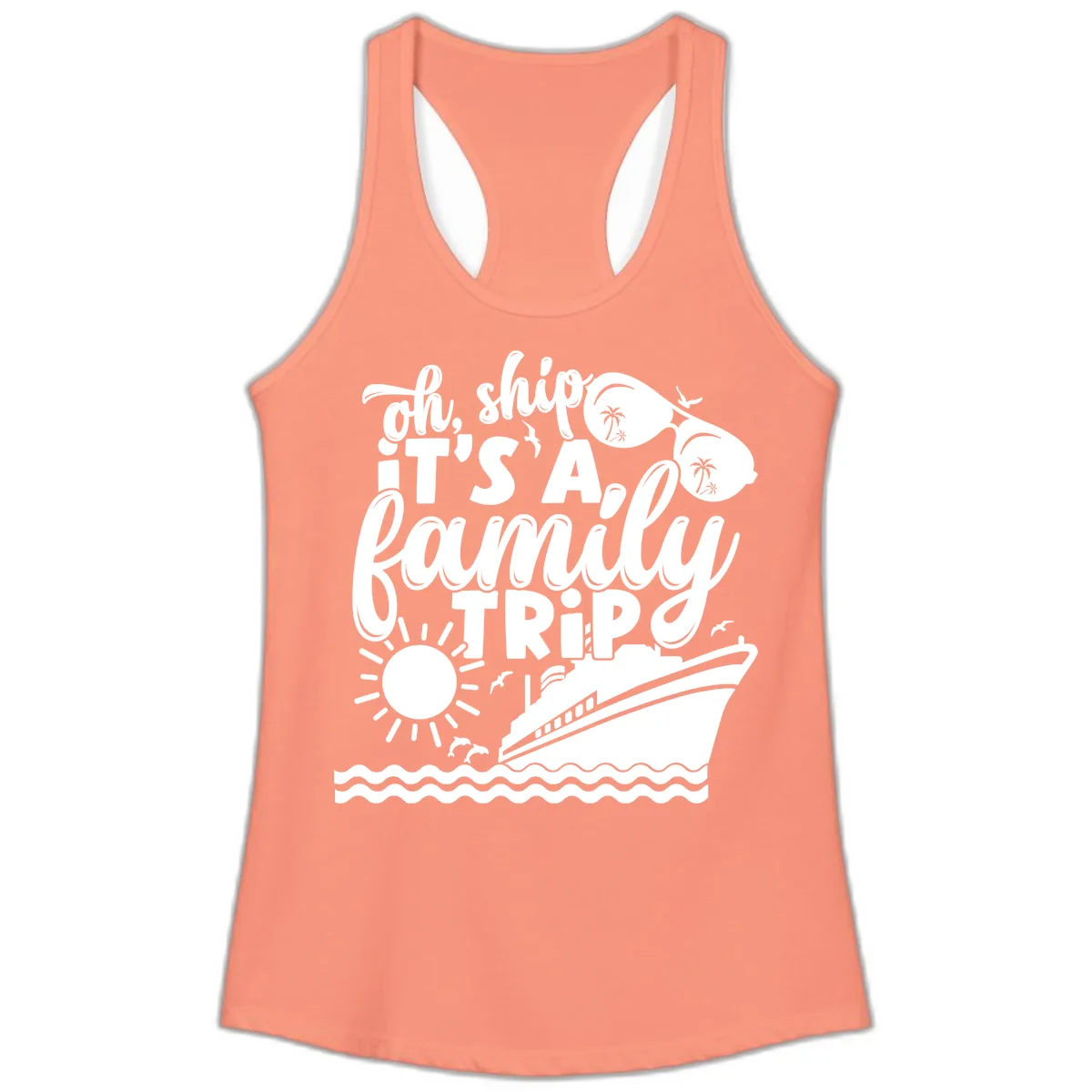 Oh Ship It's A Family Trip Design Ladies Tank in Solid Light Orange