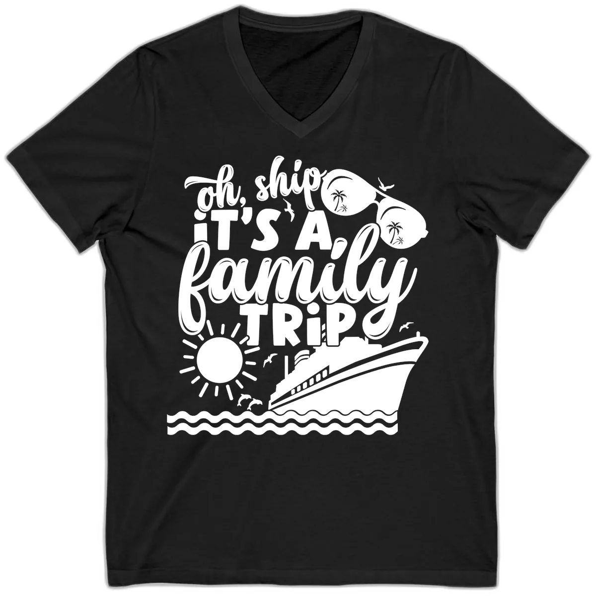 Oh Ship It's A Family Trip Design V-Neck in Black