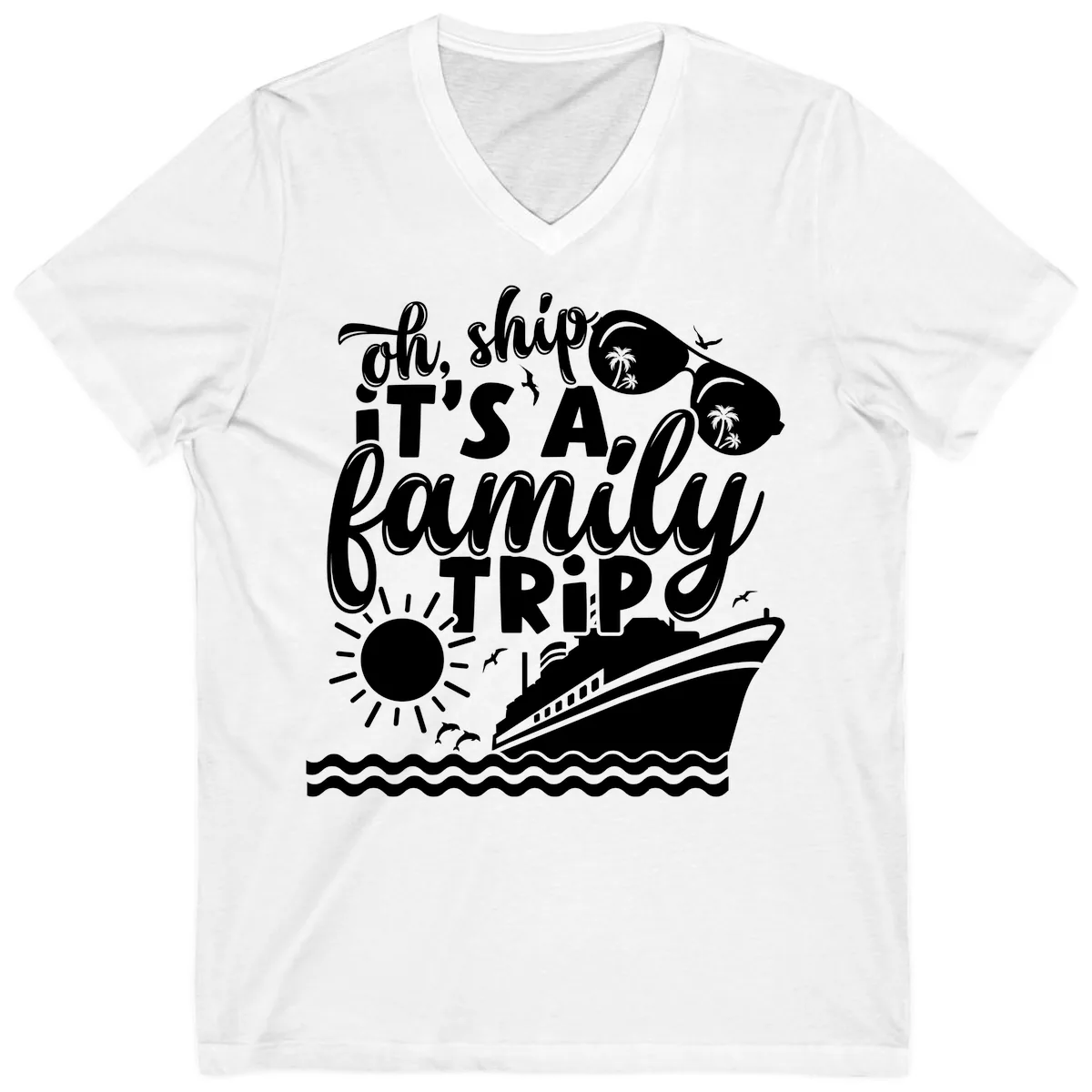 Oh Ship It's A Family Trip Design V-Neck in White