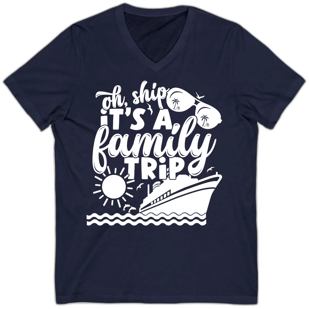 Oh Ship It's A Family Trip Design V-Neck in Navy