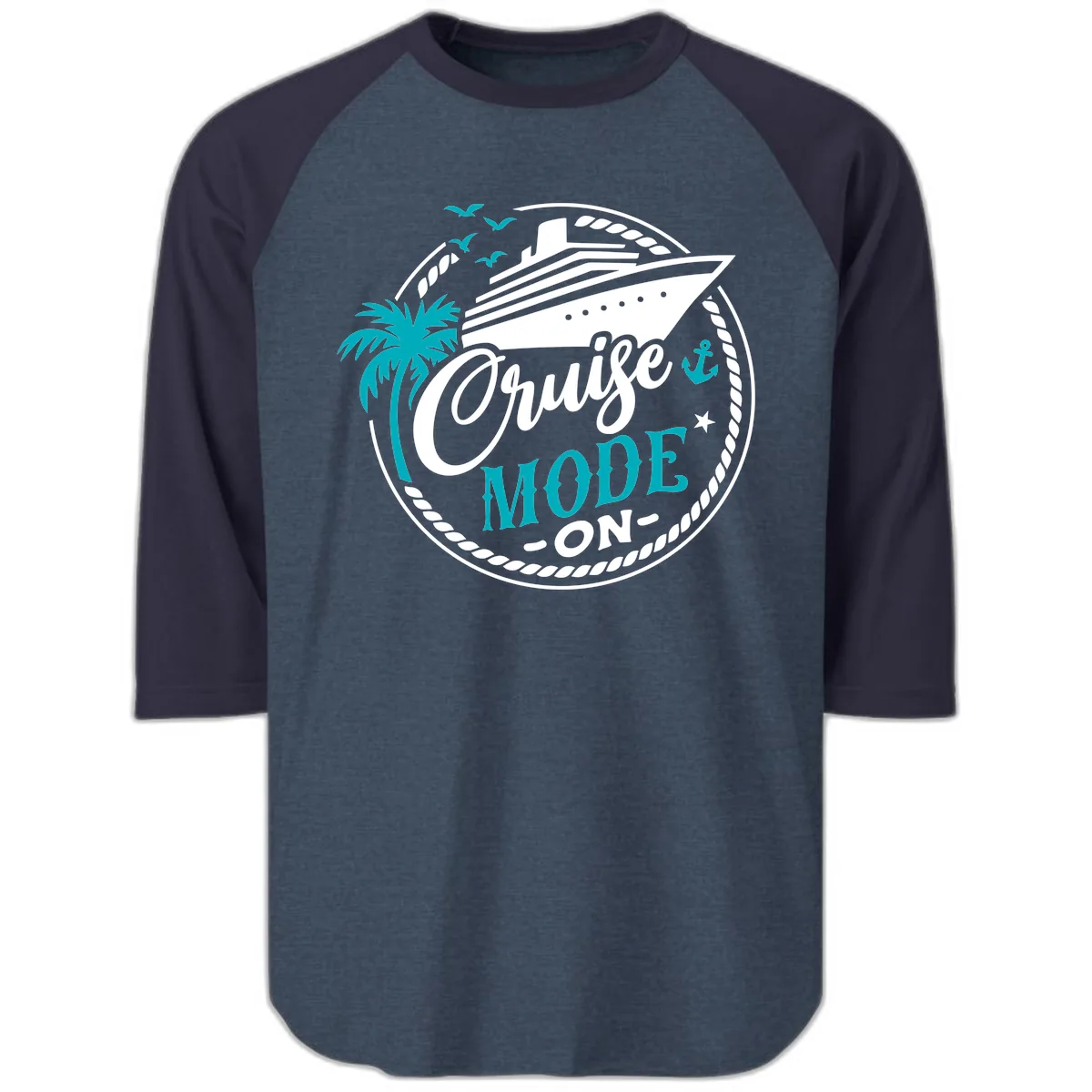 Cruise Mode On Graphic Design Raglan 3/4 in Heather Denim Navy