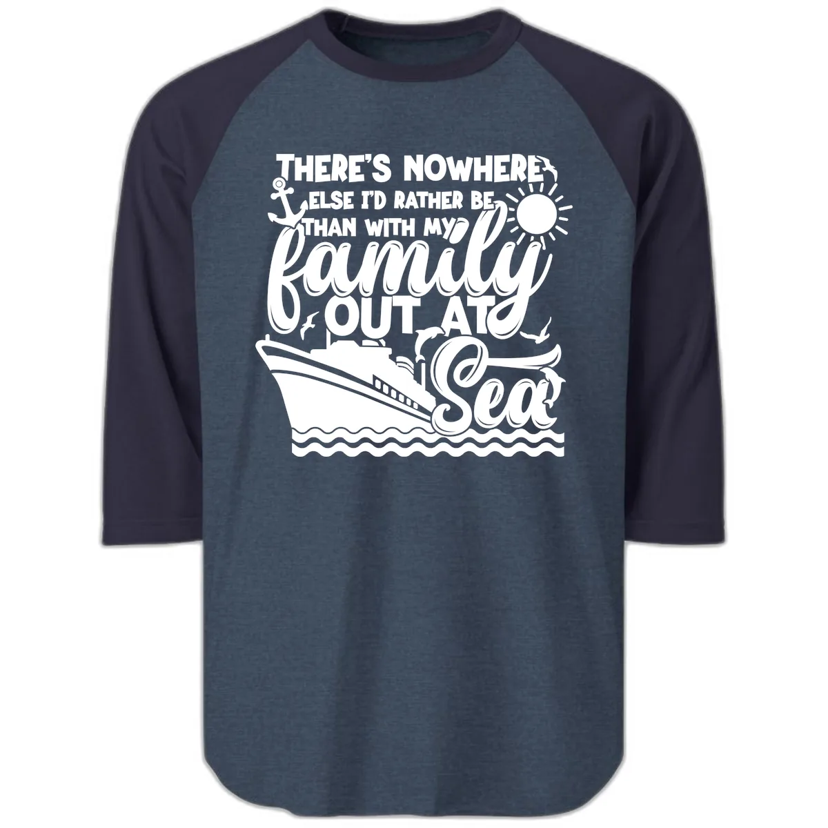 Family Out At Sea Cruise Design Raglan 3/4 in Heather Denim Navy