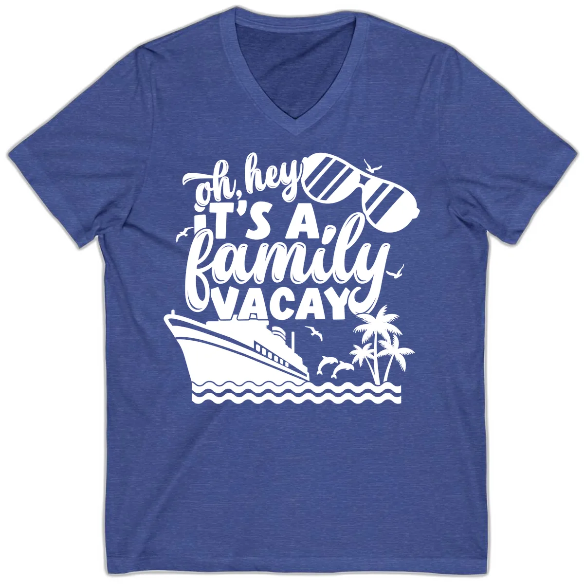 Oh Hey It's A Family Vacay V-Neck in Heather True Royal