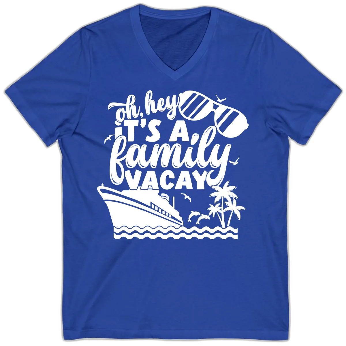 Oh Hey It's A Family Vacay V-Neck in True Royal