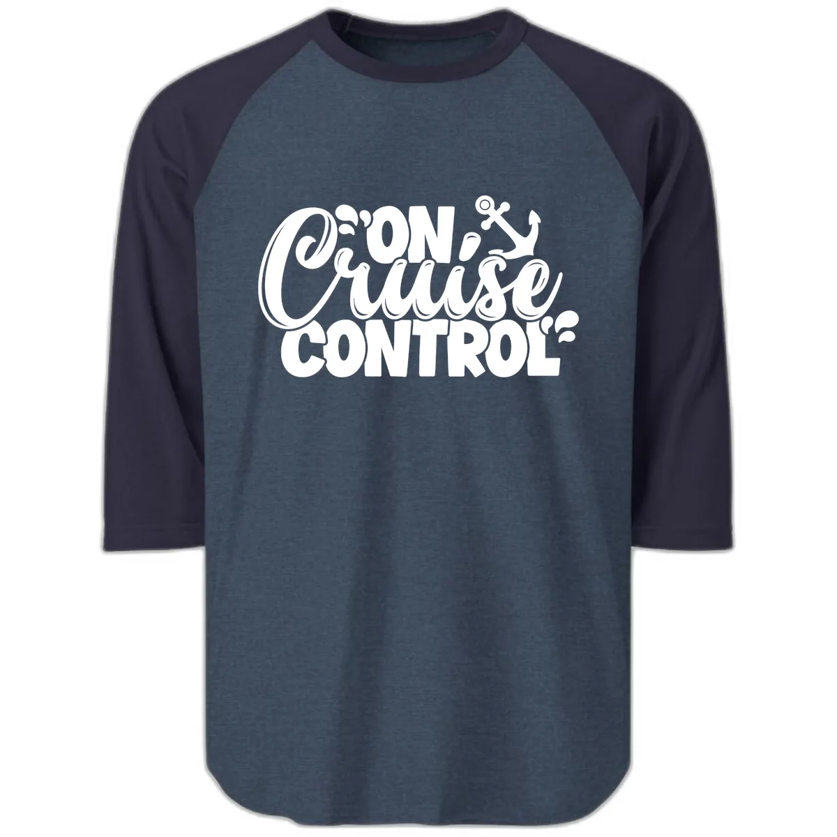 On Cruise Control Funny Cruise Design Raglan 3/4 in Heather Denim Navy