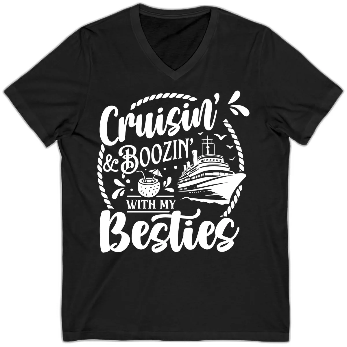 Cruisin Booziin With My Besties Cruise V-Neck in Black