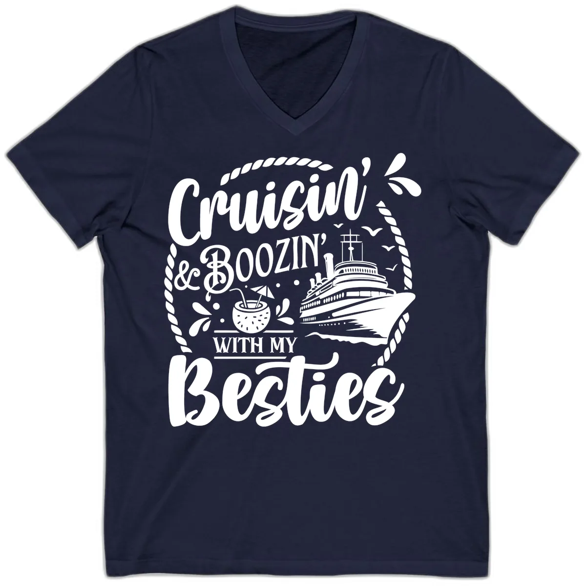 Cruisin Booziin With My Besties Cruise V-Neck in Navy
