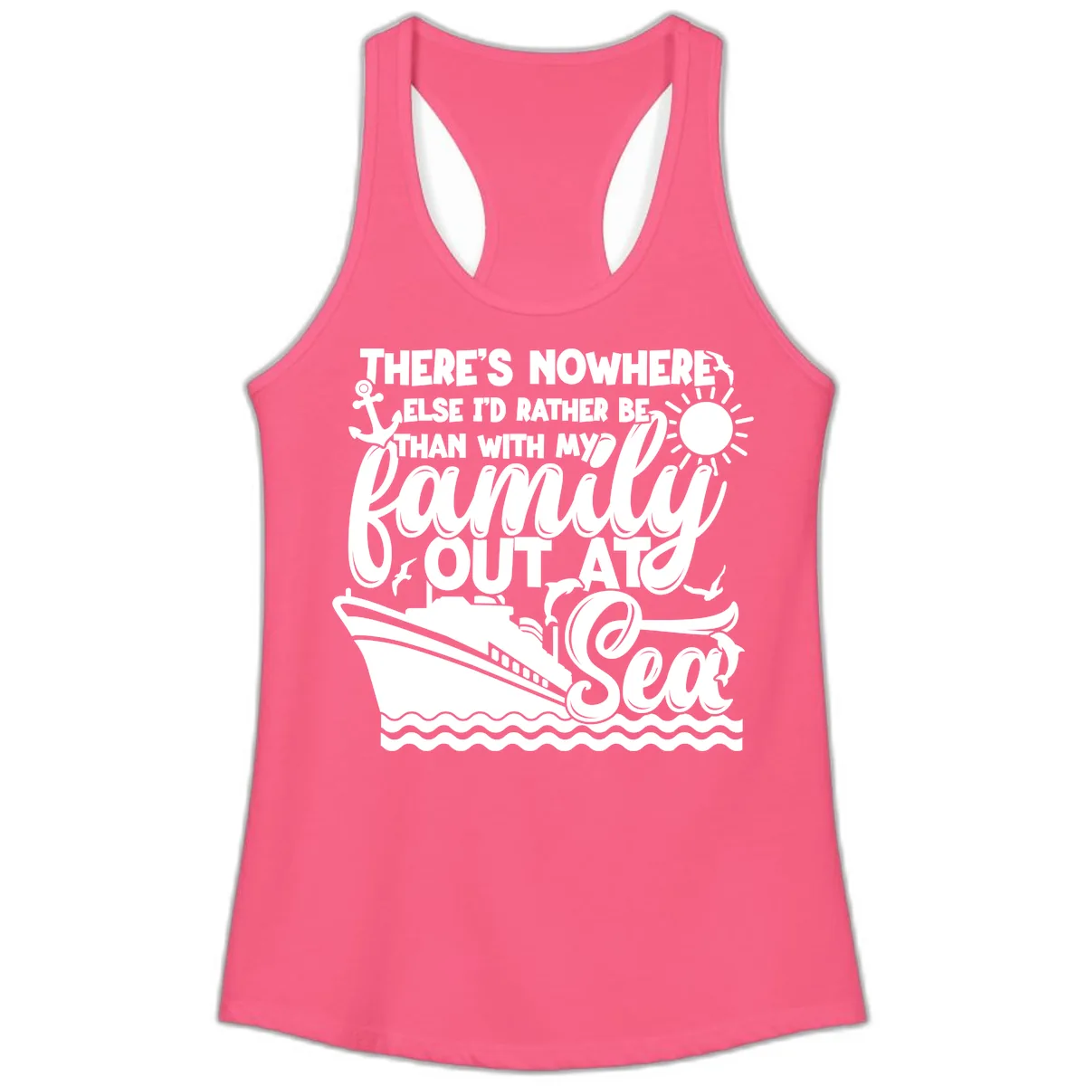 Family Cruise Out At Sea Design Ladies Tank in Solid Hot Pink
