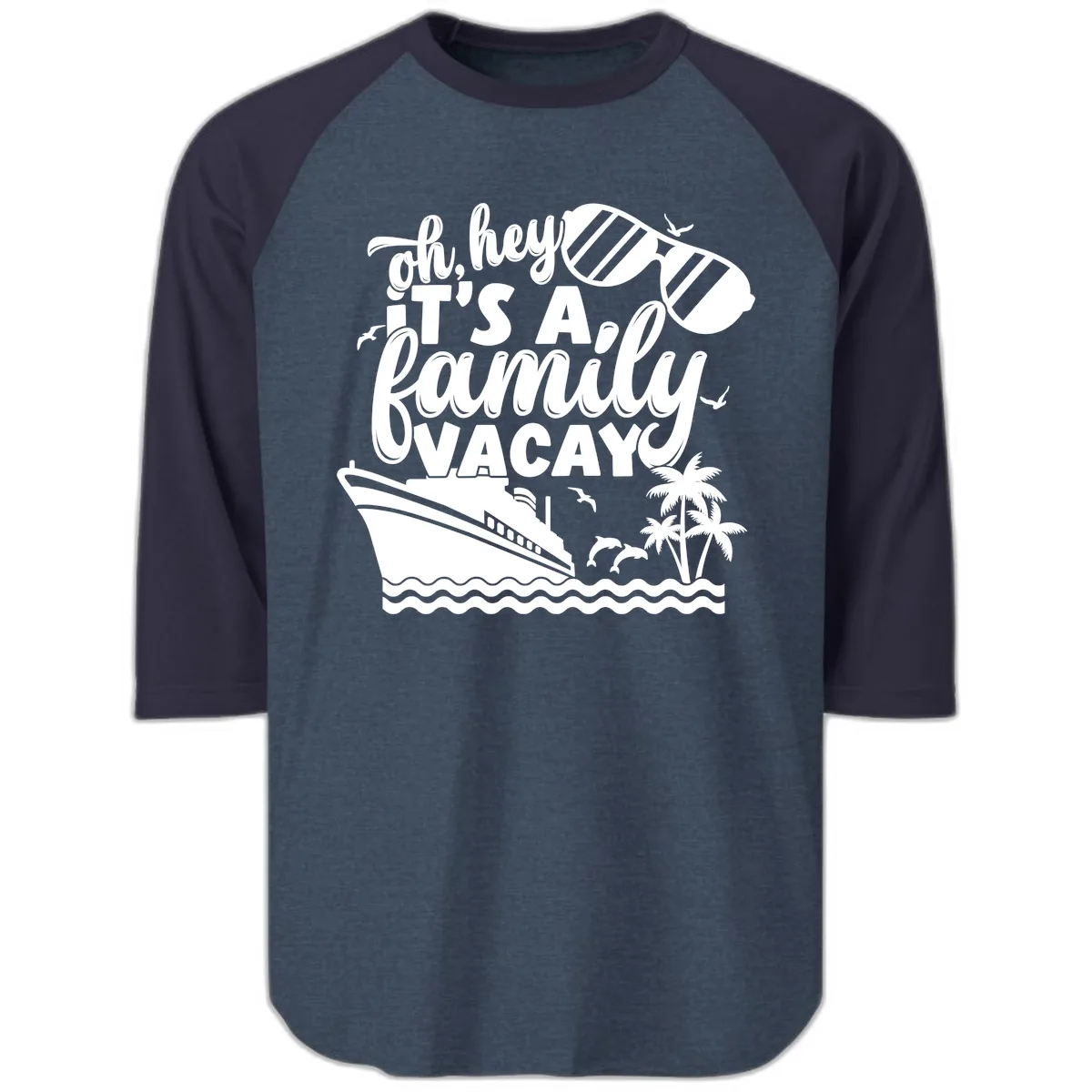 Oh Hey It's A Family Vacay Raglan 3/4 in Heather Denim Navy