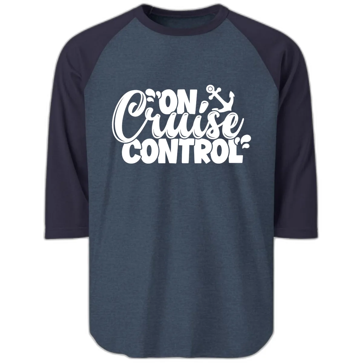 On Cruise Control Typography Design Raglan 3/4 in Heather Denim Navy