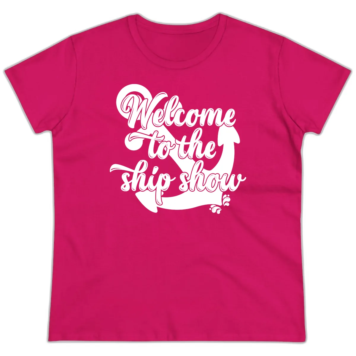 Welcome To The Ship Show Anchor Design Ladies Tee in Heliconia