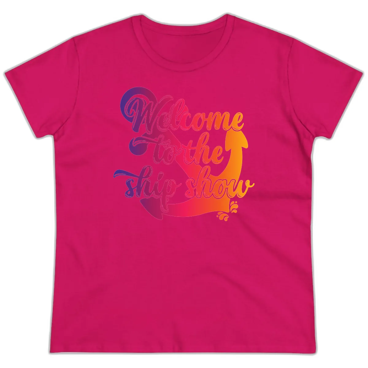 Welcome To The Ship Show Anchor Design Ladies Tee in Heliconia