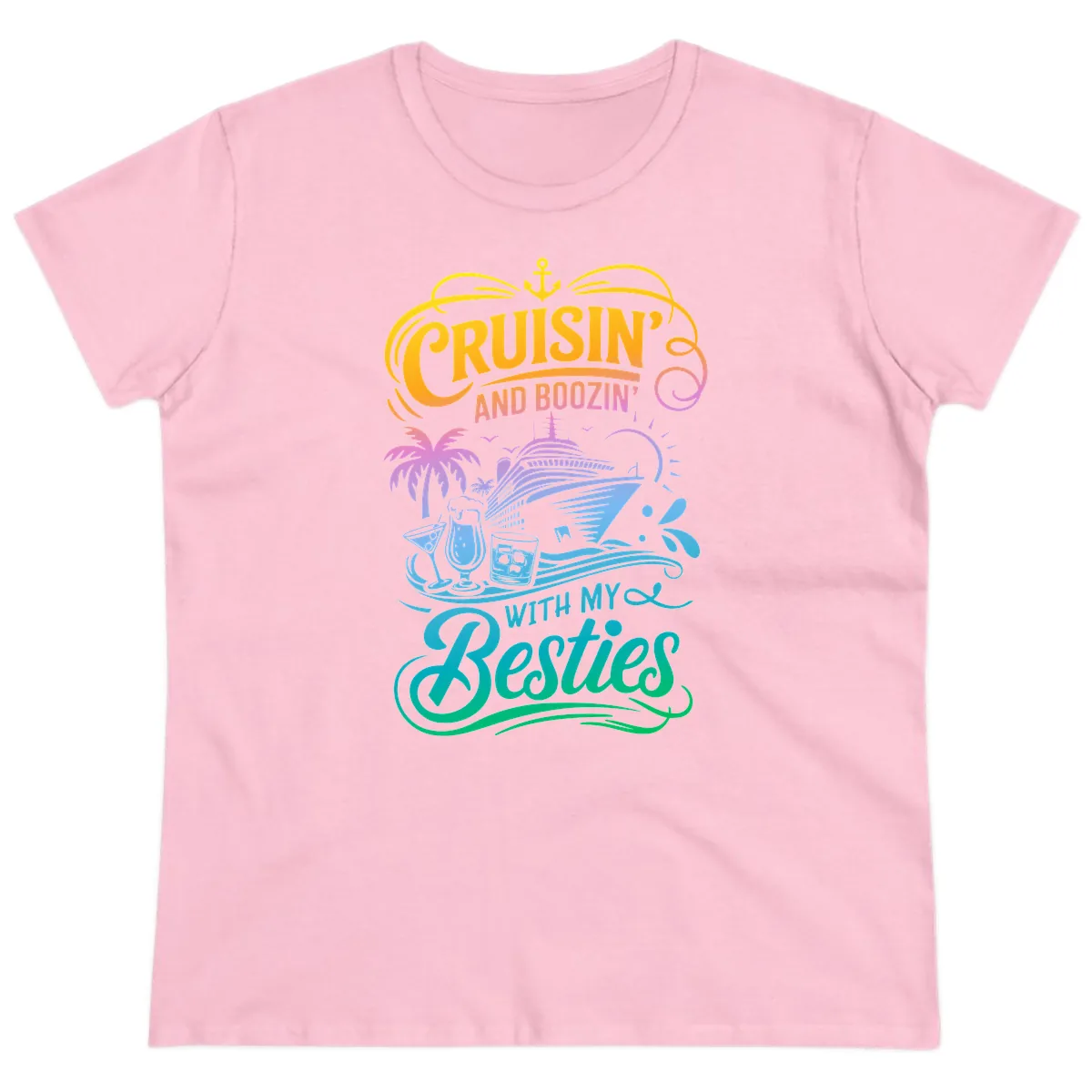 Cruisin And Boozin With My Besties Ladies Tee in Light Pink