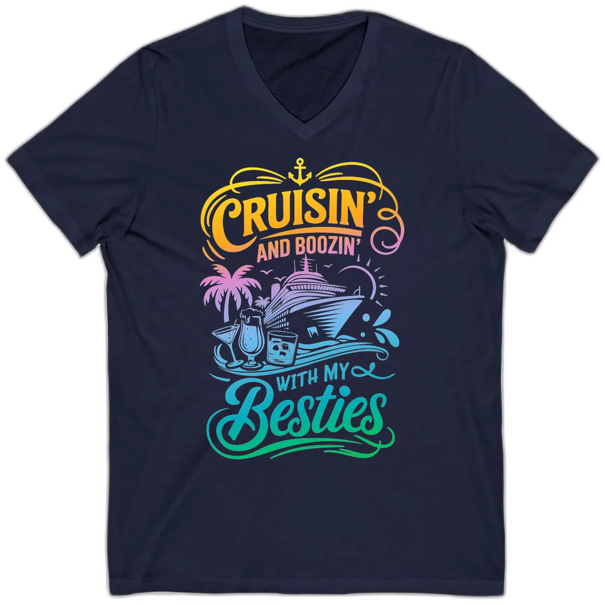 Cruisin And Boozin With My Besties V-Neck in Navy
