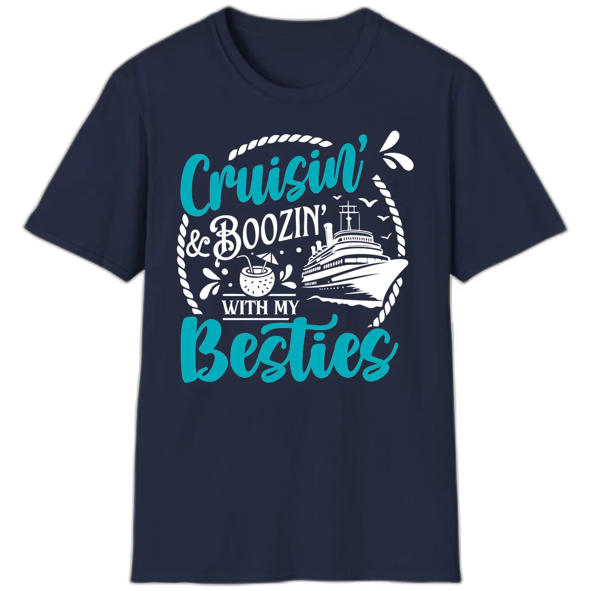 Cruisin And Boozin With Besties T-Shirt in Navy