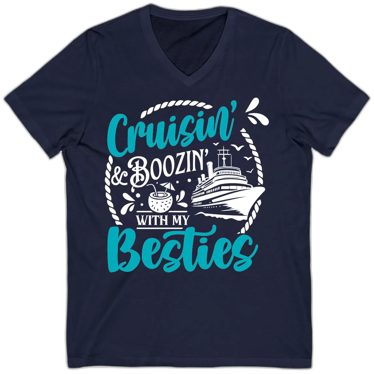 Cruisin And Boozin With Besties V-Neck in Navy