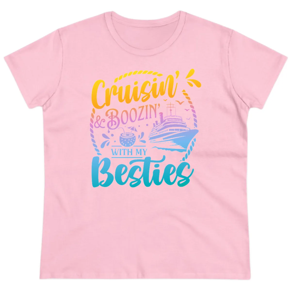 Cruisin and Boozin With My Besties Ladies Tee in Light Pink