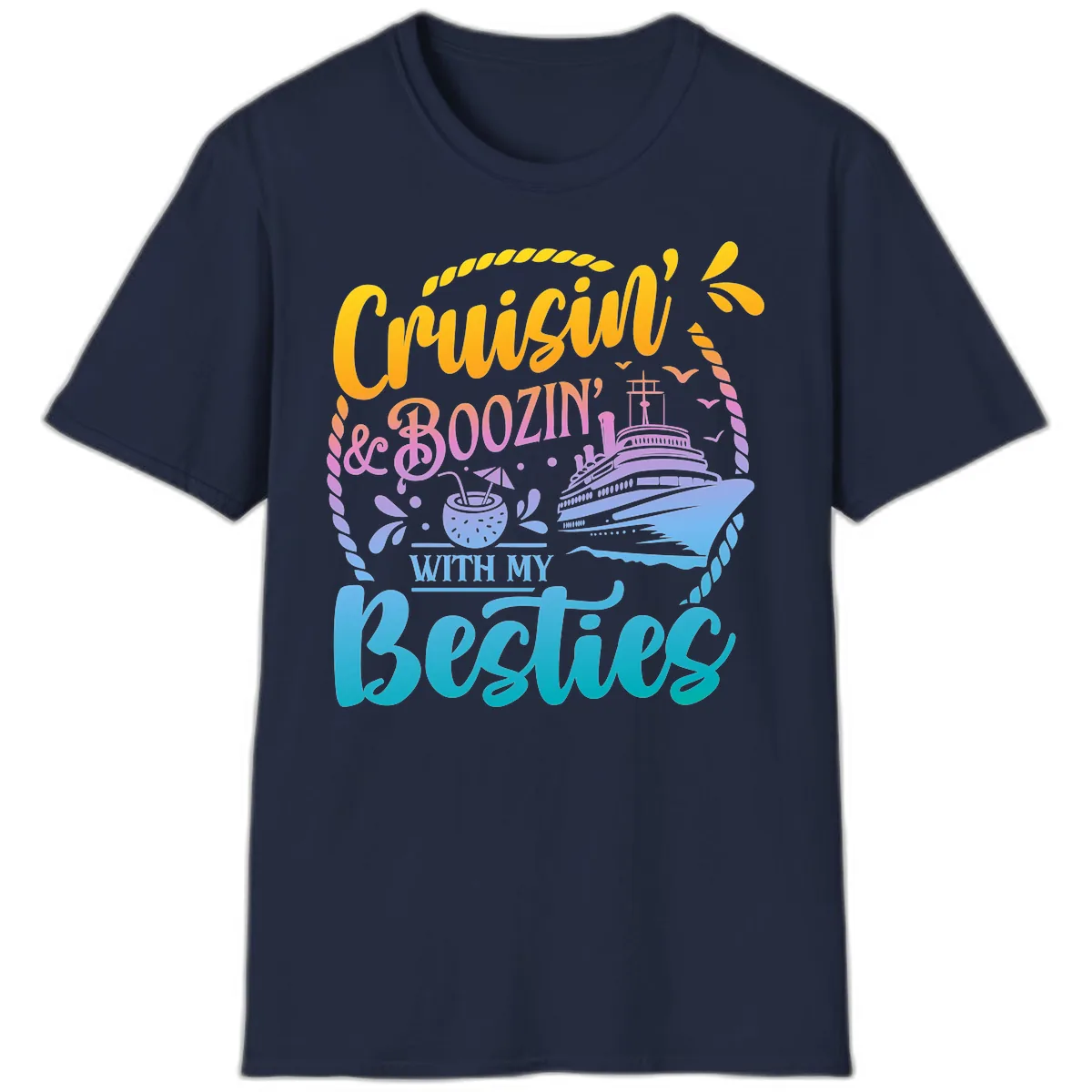 Cruisin and Boozin With My Besties T-Shirt in Navy
