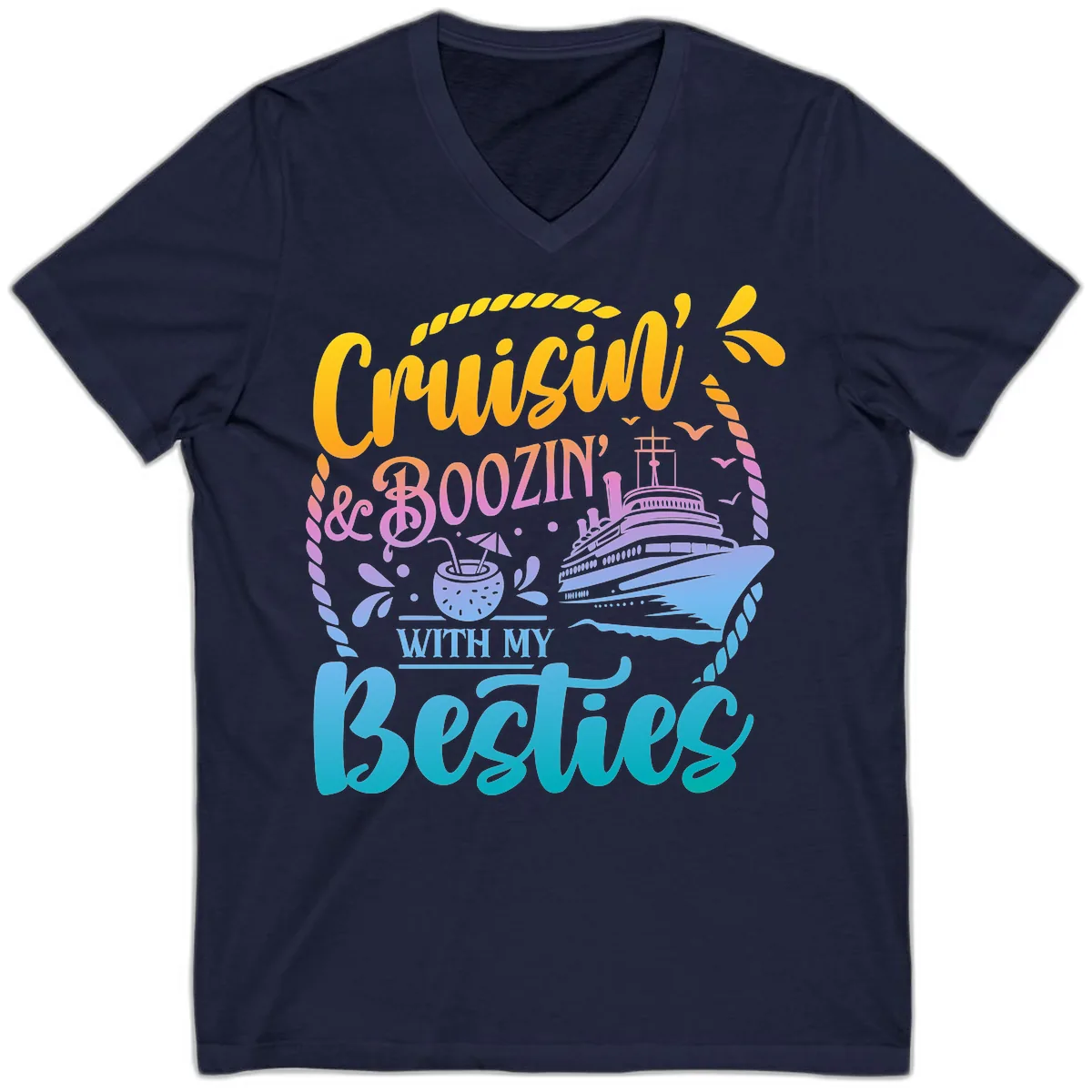 Cruisin and Boozin With My Besties V-Neck in Navy