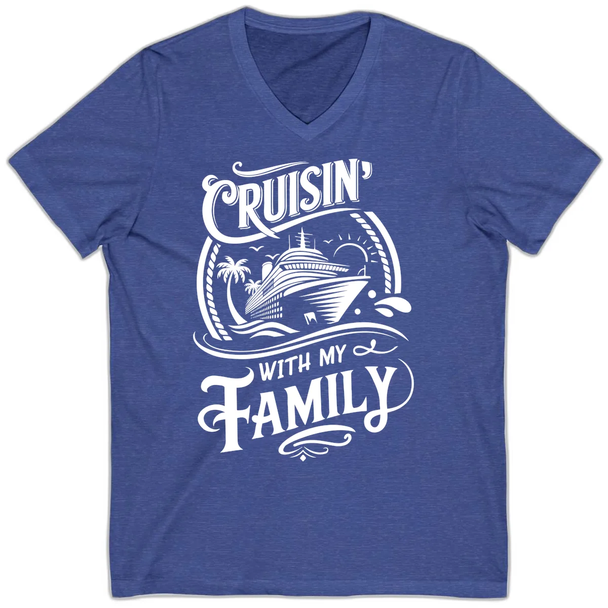 Cruisin With My Family Cruise Design V-Neck in Heather True Royal