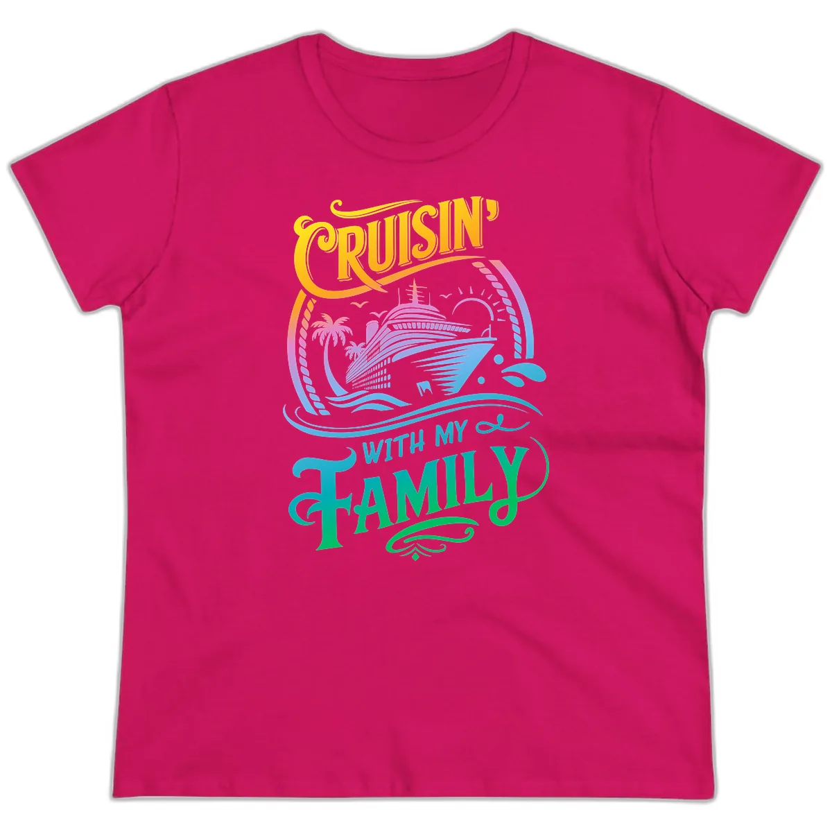 Cruisin With My Family Cruise Design Ladies Tee in Heliconia