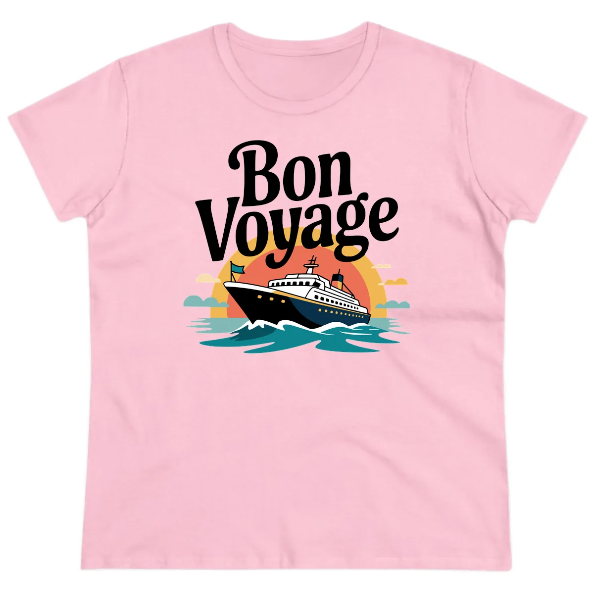 Bon Voyage Cruise Ship Sunset Ladies Tee in Light Pink