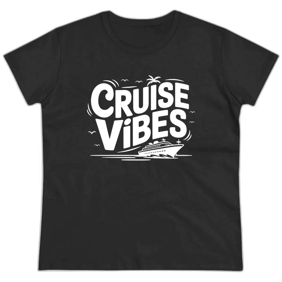 Cruise Vibes Tropical Vacation Ladies Tee in Black