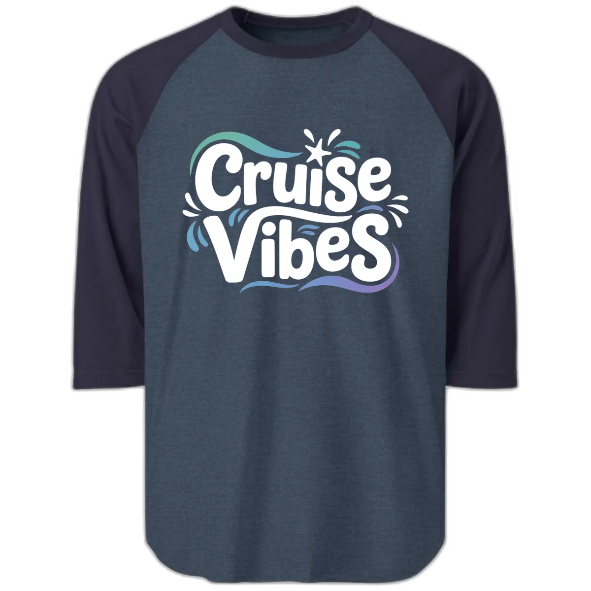 Cruise Vibes Fun Typography Raglan 3/4 in Heather Denim Navy