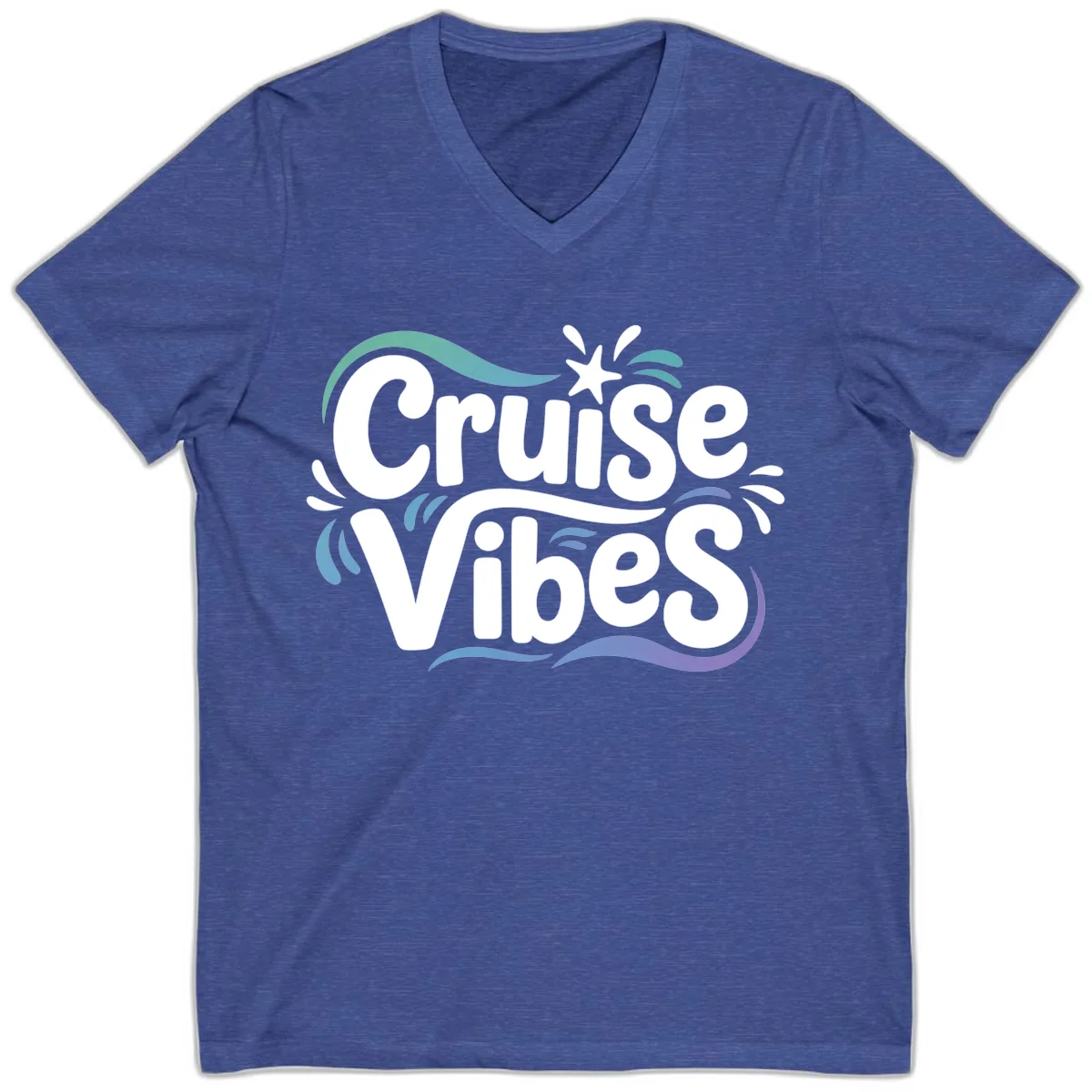 Cruise Vibes Fun Typography V-Neck in Heather True Royal